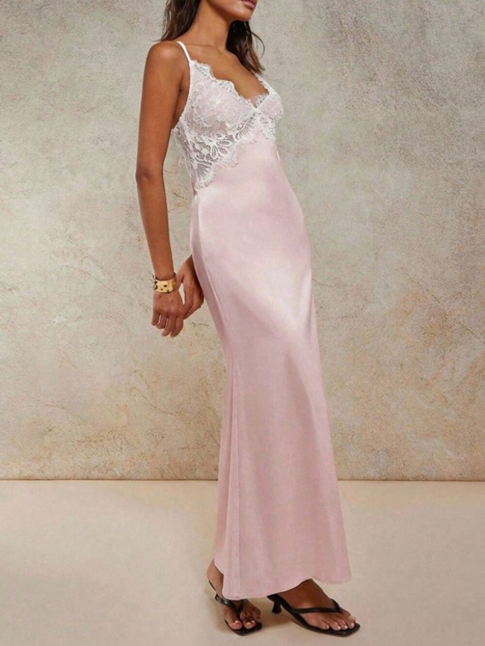 Blush Pink Satin Maxi Dress with Lace Bodice Trim